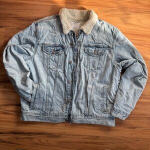 Old Navy Light Blue Jean Jacket Men's XL Sherpa Lined Button Fur Trim